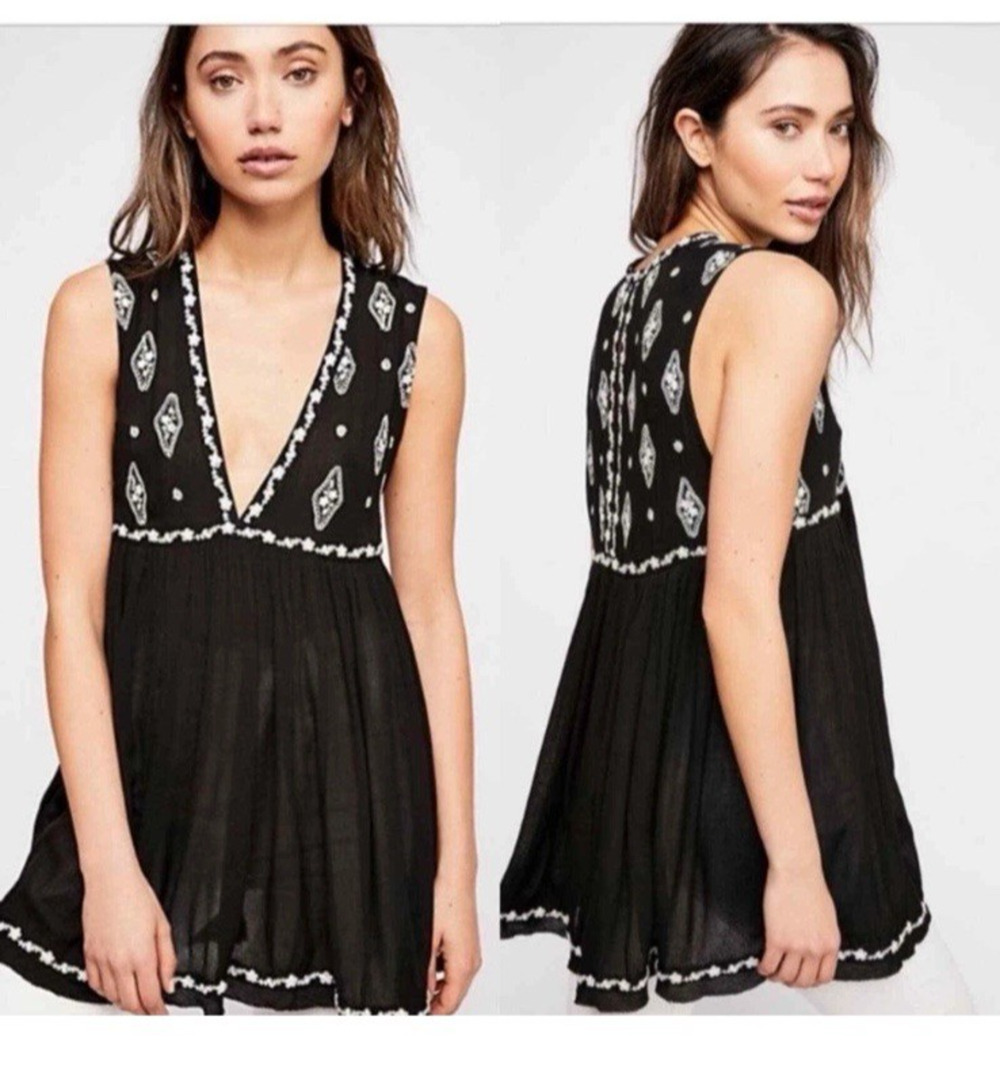 Free People Diamond Embroidered Top Deep V Black Boho Womens Size Large L